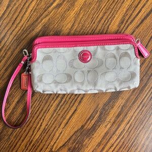 Coach Pink and Tan Wallet Wristlet Clutch Card Holder Hot Pink Tan Canvas Wallet